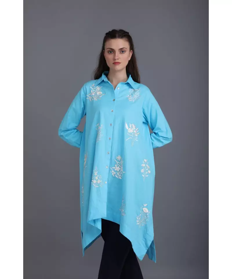 BALI HAI by PASHMA WOMEN'S BLUE MARVEL PRINT COTTON LINEN CASUAL SHIRT