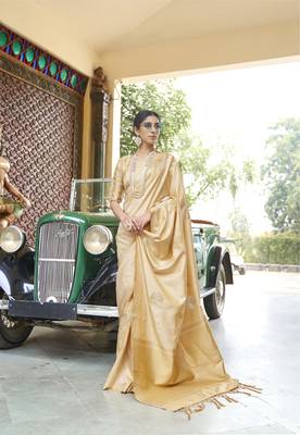 Beige printed silk saree with blouse 1