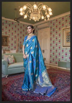 Sky blue printed silk saree with blouse 1