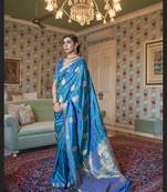 Sky blue printed silk saree with blouse