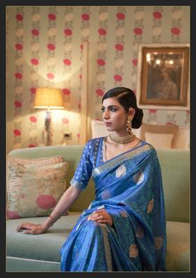 Sky blue printed silk saree with blouse 2
