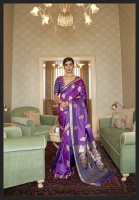 Purple printed silk saree with blouse 1