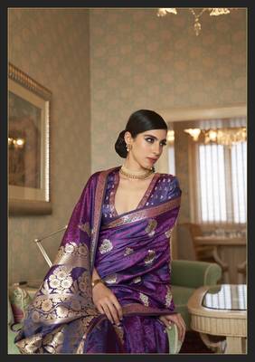 Purple printed silk saree with blouse 2
