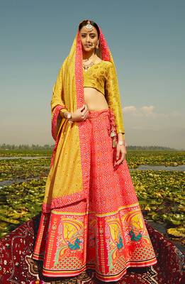 Red printed silk semi stitched lehenga 1