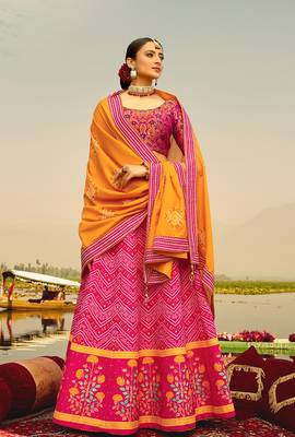 Rani-pink printed silk semi stitched lehenga 1