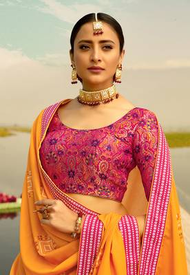 Rani-pink printed silk semi stitched lehenga 2