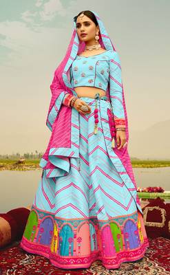 Light-blue printed silk semi stitched lehenga 1
