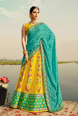 Yellow printed silk semi stitched lehenga 1