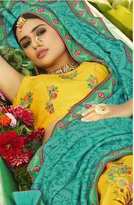 Yellow printed silk semi stitched lehenga 2