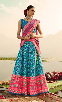 Sky-blue printed silk semi stitched lehenga 1
