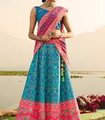 Sky-blue printed silk semi stitched lehenga