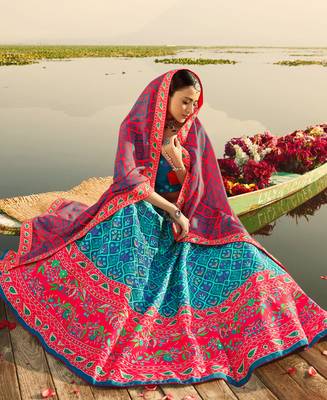 Sky-blue printed silk semi stitched lehenga 2