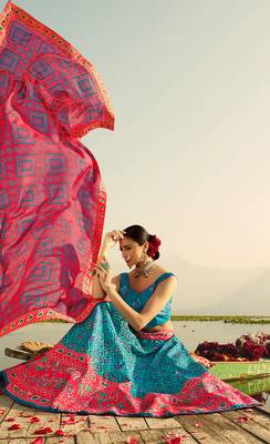 Sky-blue printed silk semi stitched lehenga 4