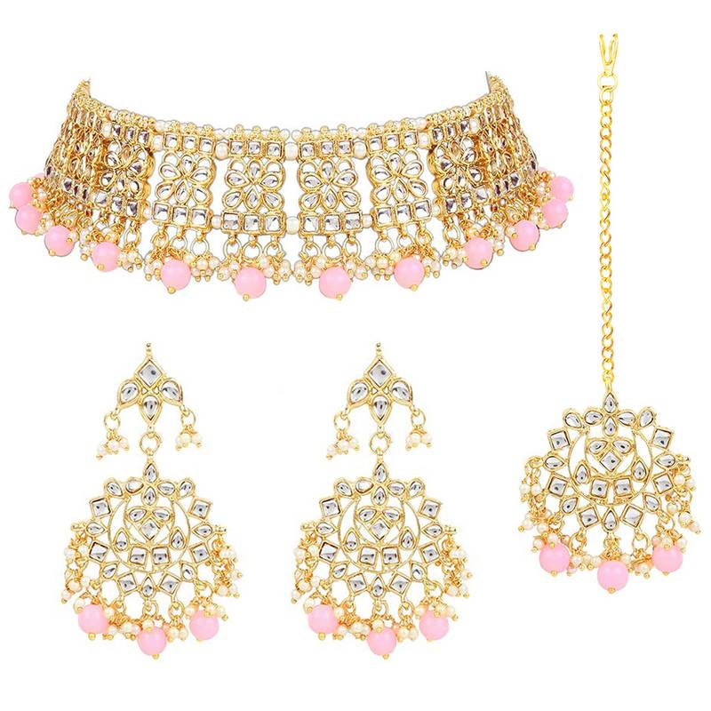Traditional Kundan Choker Jewellery Set with Earrings & Maang Tikka For Women 