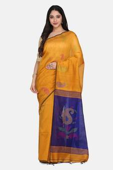 Mustard Jamdani Work Cotton Silk Handloom Saree With Blouse