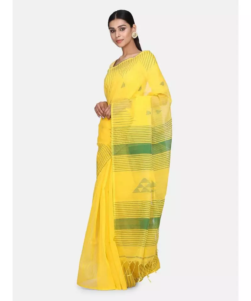 Yellow Triangle Design Hand Weaven Cotton Silk Handloom Saree With Blouse