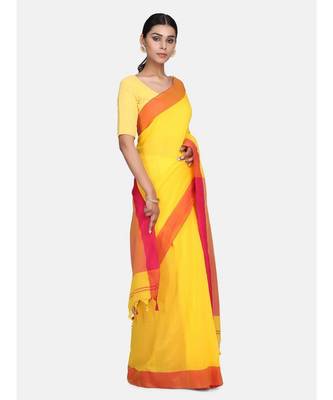 Yellow Plain Work Khadi Cotton Handloom Saree With Blouse 2
