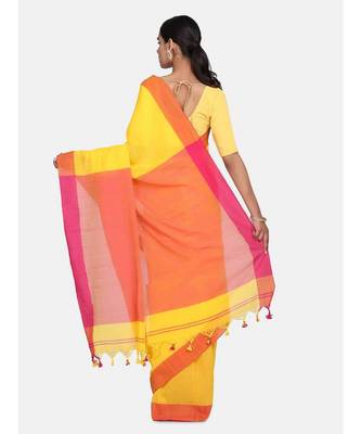 Yellow Plain Work Khadi Cotton Handloom Saree With Blouse 3