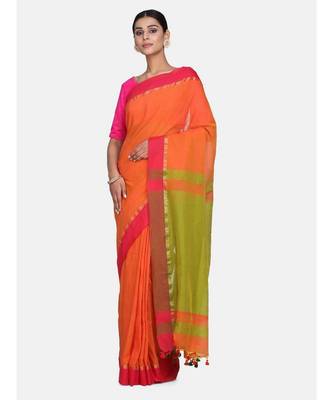 Rust Plain Work Khadi Cotton Handloom Saree With Blouse 1