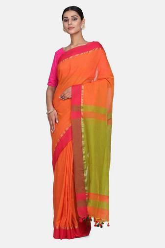 Rust Plain Work Khadi Cotton Handloom Saree With Blouse