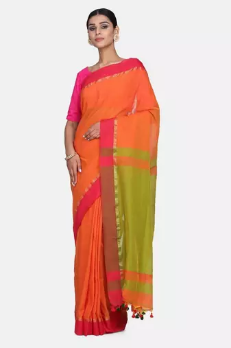 Rust Plain Work Khadi Cotton Handloom Saree With Blouse
