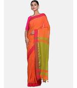 Rust Plain Work Khadi Cotton Handloom Saree With Blouse