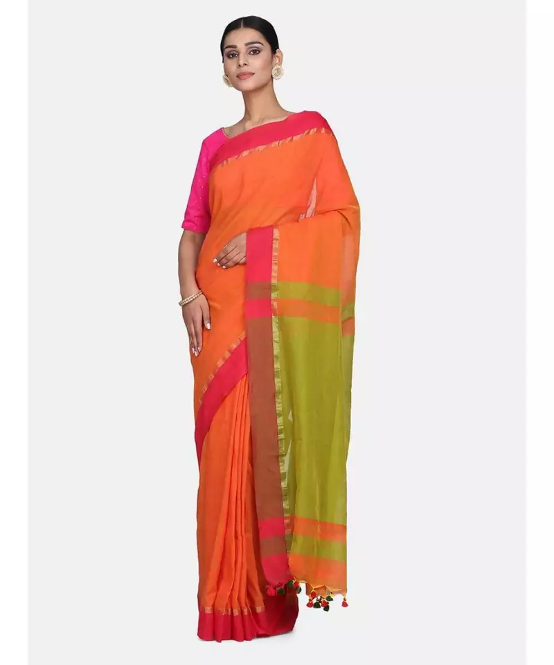 Rust Plain Work Khadi Cotton Handloom Saree With Blouse