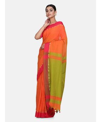 Rust Plain Work Khadi Cotton Handloom Saree With Blouse 2
