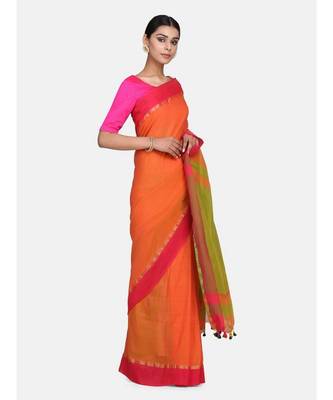 Rust Plain Work Khadi Cotton Handloom Saree With Blouse 3