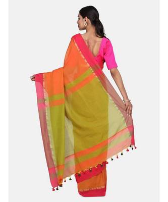 Rust Plain Work Khadi Cotton Handloom Saree With Blouse 4