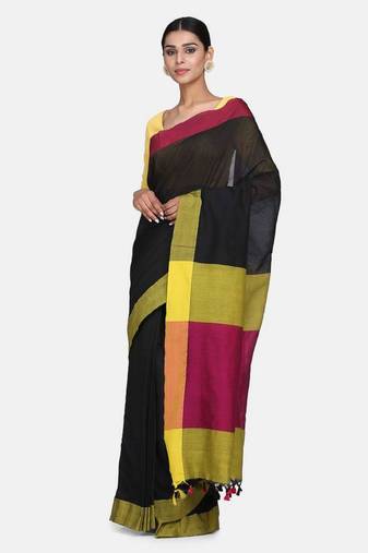 Black Plain Work Khadi Cotton Handloom Saree With Blouse