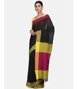 Black Plain Work Khadi Cotton Handloom Saree With Blouse