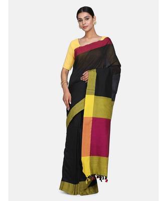 Black Plain Work Khadi Cotton Handloom Saree With Blouse 2