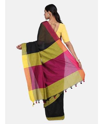 Black Plain Work Khadi Cotton Handloom Saree With Blouse 3