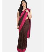 Chocolate Plain Work Khadi Cotton Handloom Saree With Blouse