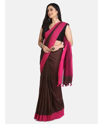 Chocolate Plain Work Khadi Cotton Handloom Saree With Blouse 2