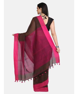 Chocolate Plain Work Khadi Cotton Handloom Saree With Blouse 3
