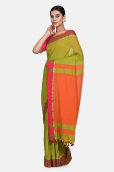 Pesta Plain Work Khadi Cotton Handloom Saree With Blouse