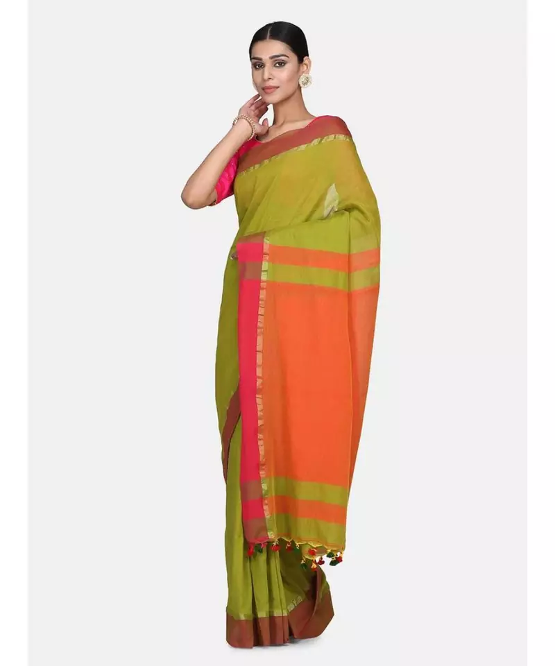 Pesta Plain Work Khadi Cotton Handloom Saree With Blouse