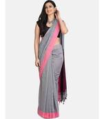 Grey Melange Plain Work Khadi Cotton Handloom Saree With Blouse