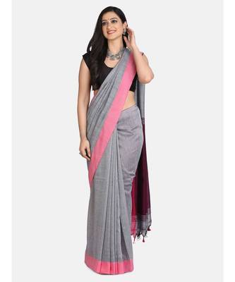 Grey Melange Plain Work Khadi Cotton Handloom Saree With Blouse 2