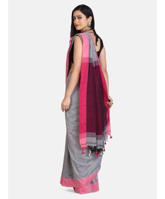 Grey Melange Plain Work Khadi Cotton Handloom Saree With Blouse 3