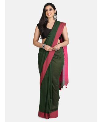 Bottle Green Plain Work Khadi Cotton Handloom Saree With Blouse 1