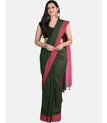 Bottle Green Plain Work Khadi Cotton Handloom Saree With Blouse