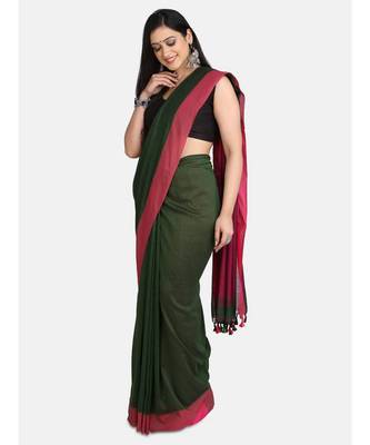 Bottle Green Plain Work Khadi Cotton Handloom Saree With Blouse 2