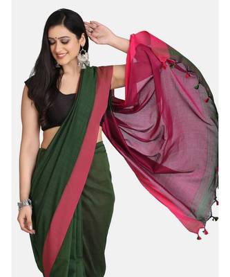 Bottle Green Plain Work Khadi Cotton Handloom Saree With Blouse 3