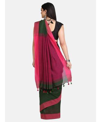 Bottle Green Plain Work Khadi Cotton Handloom Saree With Blouse 4