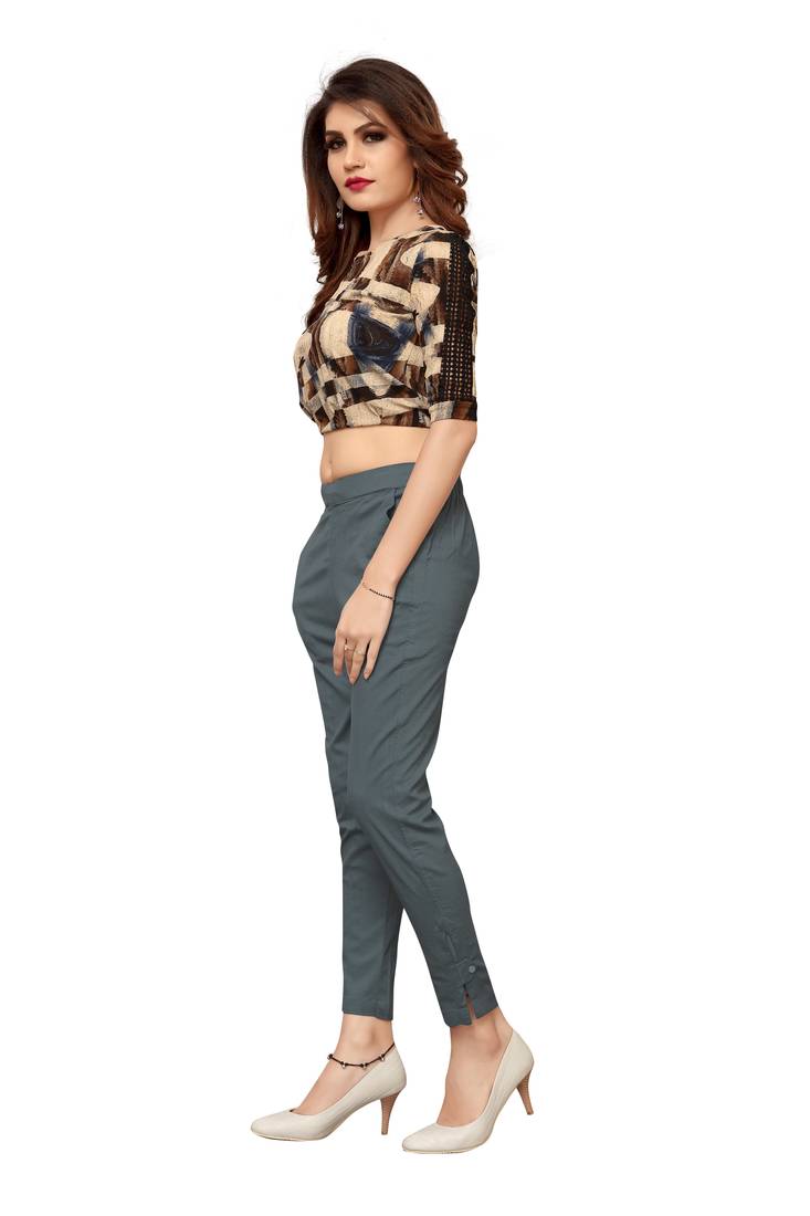 Krisha Export Regular Slim Fit Women Slub Lycra Grey Pant