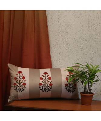 Velvet Off White Digital print With Hand embroidered Cushion cover (12x22 in) 1