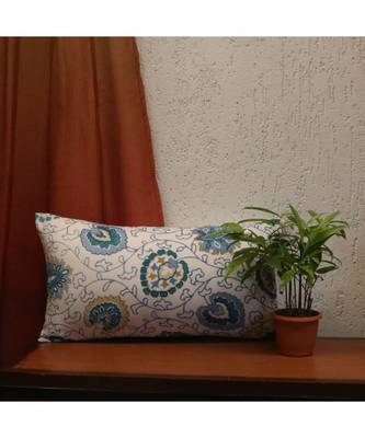 Poly Canvas Turquoise Blue  Digital print With Embroidered Cushion cover (12X22 in) 1